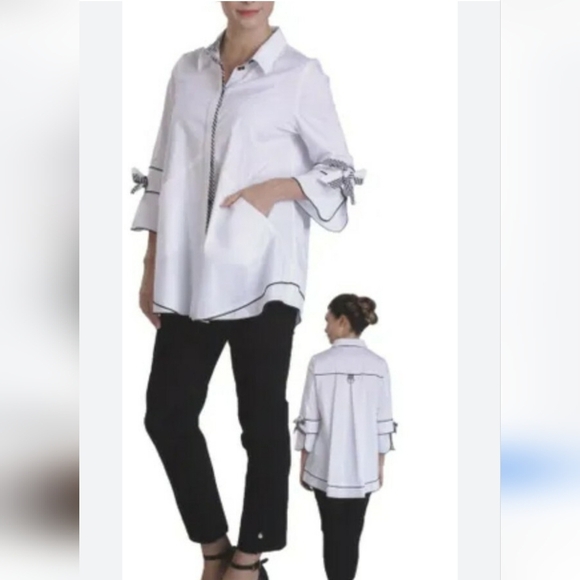 NWT IC by Connie K White Button Down A-line Tunic Top 1X Gingham Trim Bow Cuffs - Picture 2 of 12